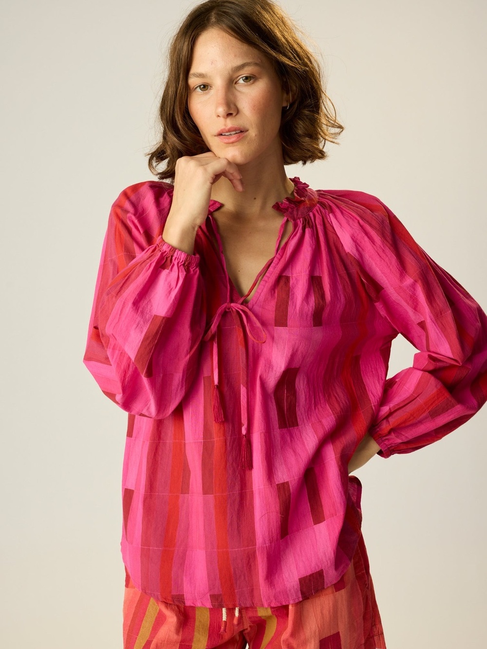 Natalie Martin Penny Blouse Sea Glass Pink XS Cotton Colorblock V Neck Ruffle
